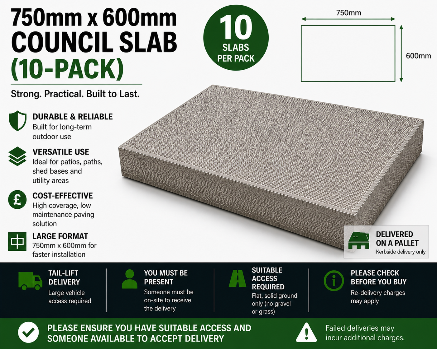 750mm x 600mm Council Slab (10-Pack) – Durable Utility Concrete Paving Slabs for