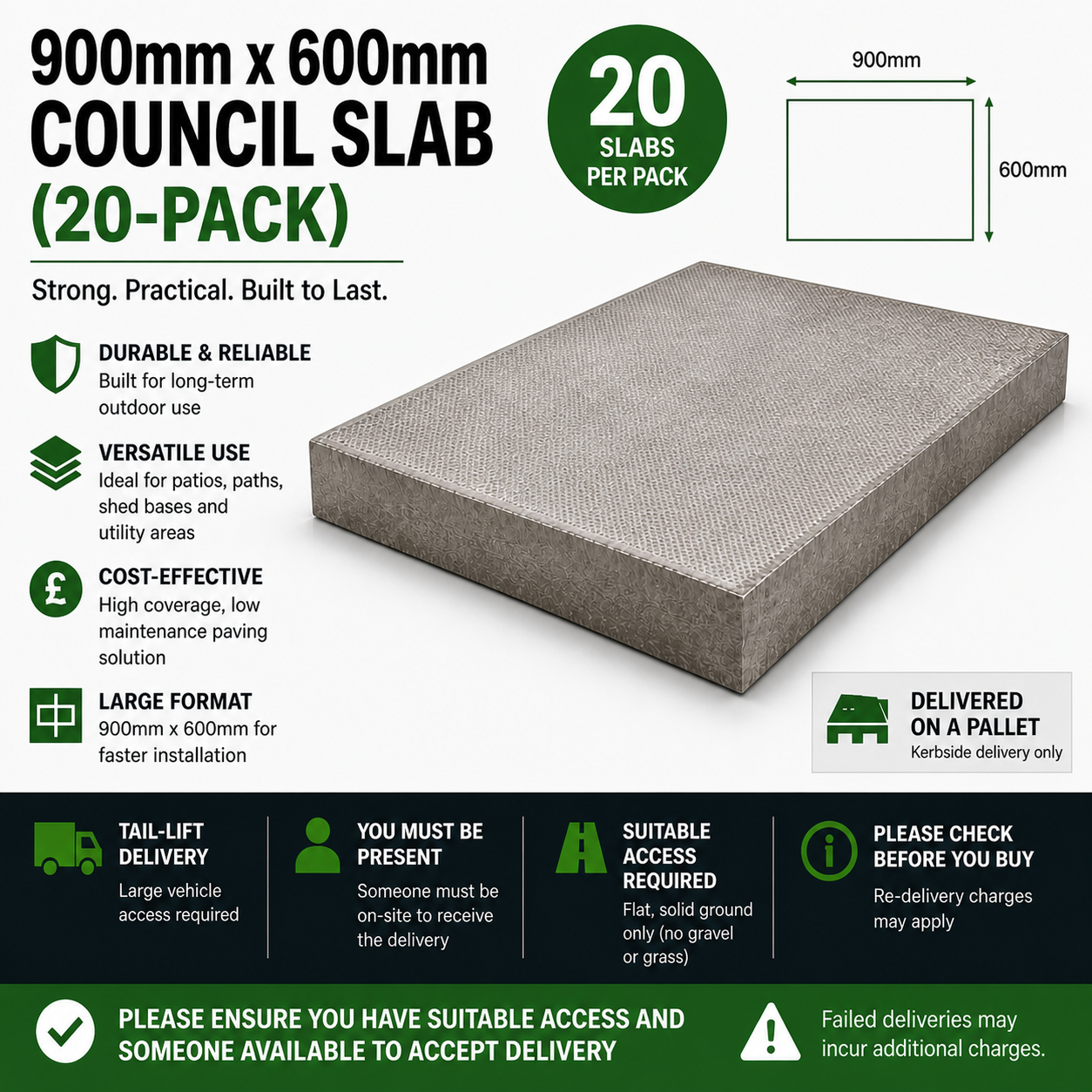 900mm x 600mm Council Slab (20-Pack) – Durable Utility Concrete Paving Slabs for