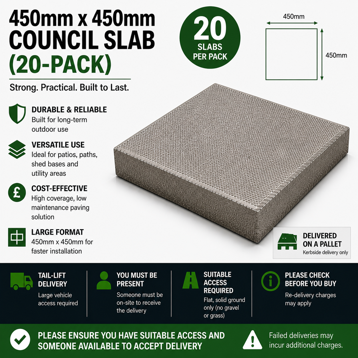 450mm x 450mm Council Slab (20-Pack) – Durable Utility Concrete Paving Slabs for Patios, Paths & Bases