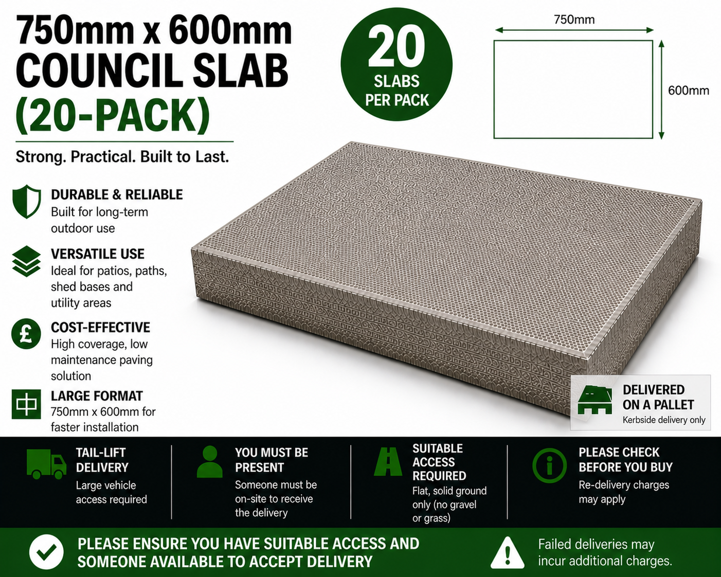 750mm x 600mm Council Slab (20-Pack) – Durable Utility Concrete Paving Slabs for Patios, Paths & Bases