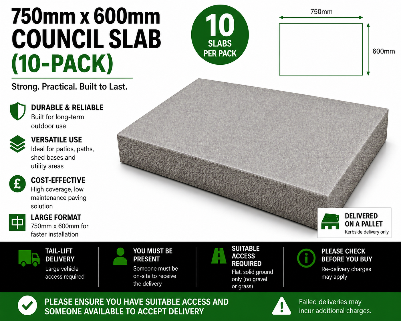 Concrete Council Slab (10-Pack) Durable Utility Paving slab - 750mm x 600mm x 50mm