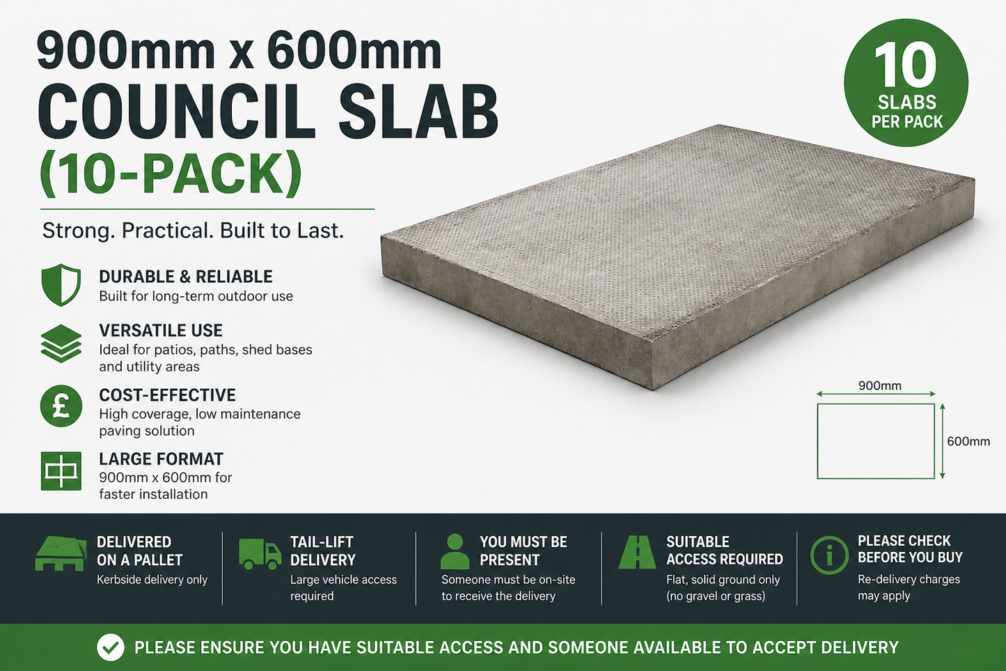 900mm x 600mm Council Slab (10-Pack) – Durable Utility Concrete Paving Slabs for