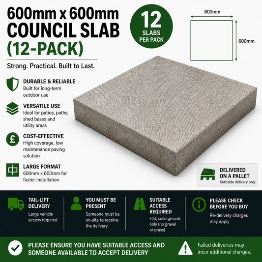 600mm x 600mm Council Slab (12-Pack) – Durable Utility Concrete Paving Slabs for