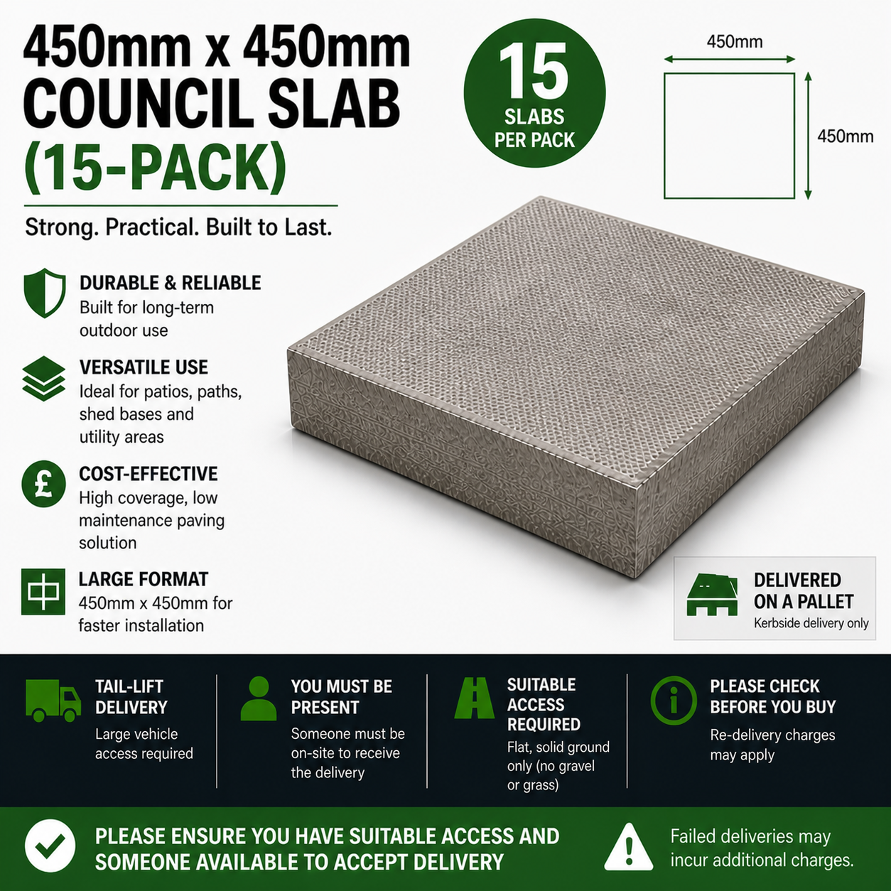 450mm x 450mm Council Slab (15-Pack) – Durable Utility Concrete Paving Slabs for Patios, Paths & Bases