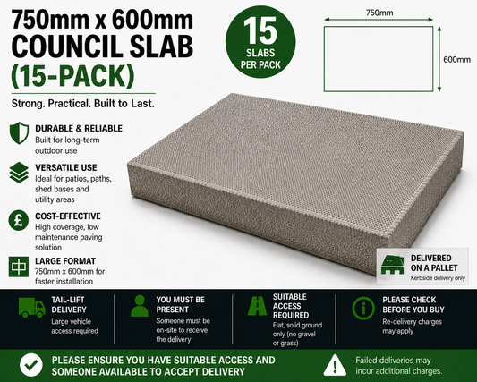 750mm x 600mm Council Slab (15-Pack) – Durable Utility Concrete Paving Slabs for Patios, Paths & Bases