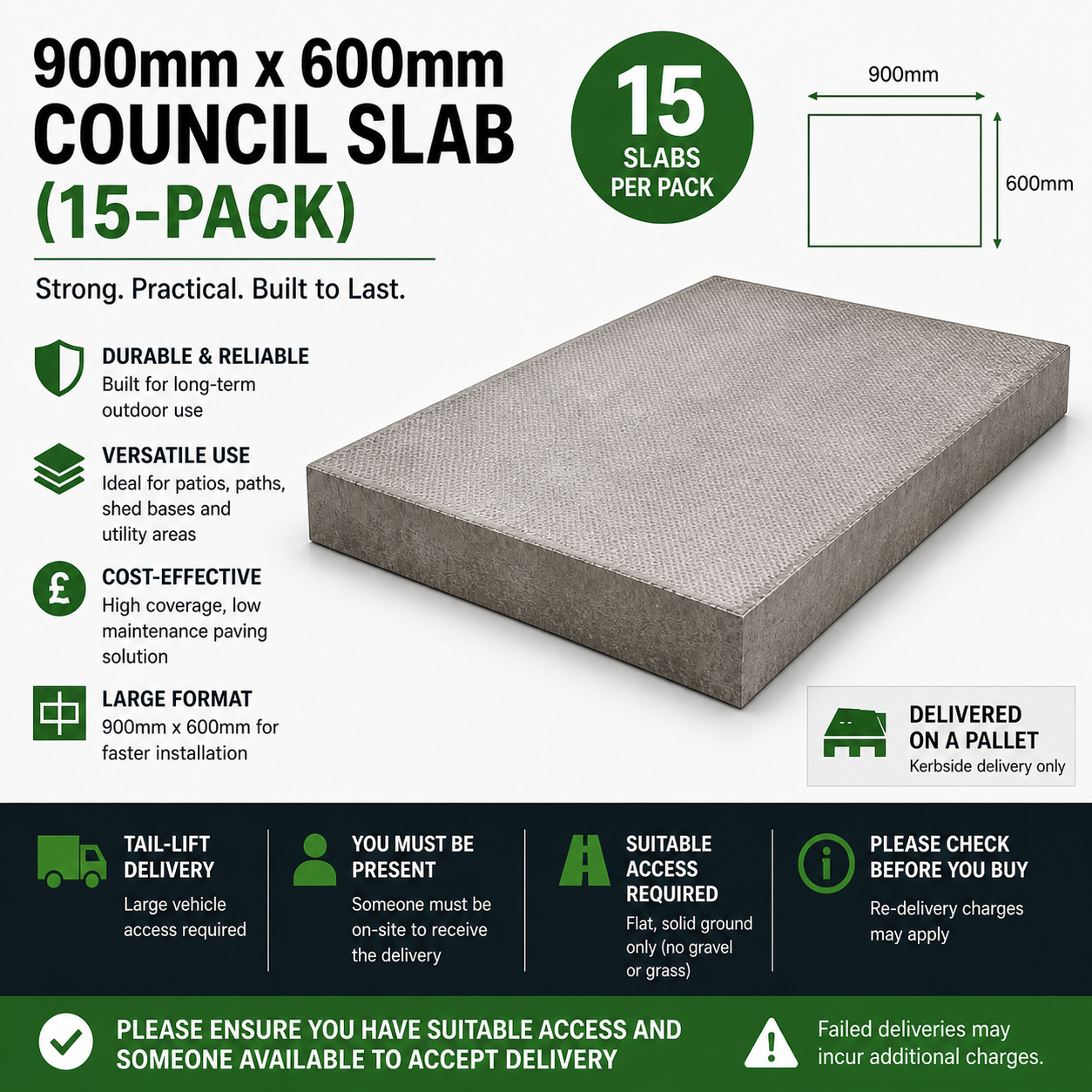 900mm x 600mm Council Slab (15-Pack) – Durable Utility Concrete Paving Slabs for Patios, Paths & Bases