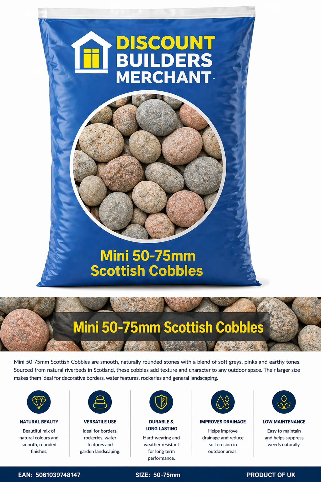 20kg Mini Scottish Cobbles 50/75mm Decorative Garden Stone Natural Rounded Pebbles for Landscaping Borders Water Features - Discount Builders Merchants