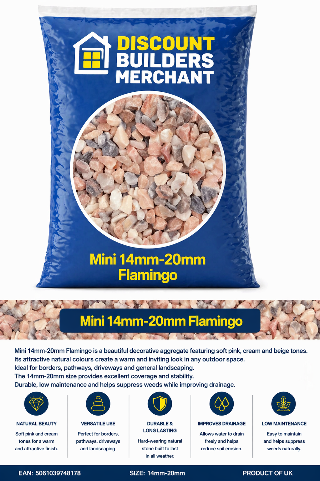 Flamingo Chippings 14/20mm Decorative Garden Gravel Pink, Cream Beige Stone for Driveways - Discount Builders Merchants
