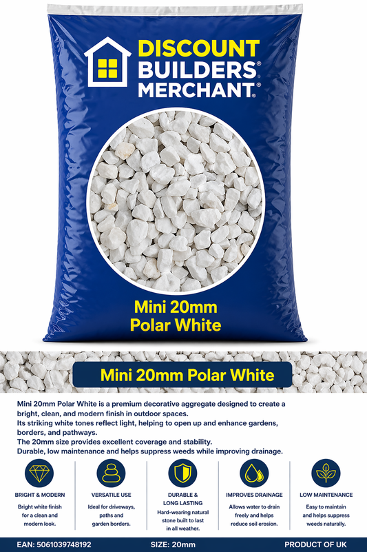 Polar White Chippings 20mm Decorative Garden Gravel Bright White Stone for Driveways Paths Borders - Discount Builders Merchants
