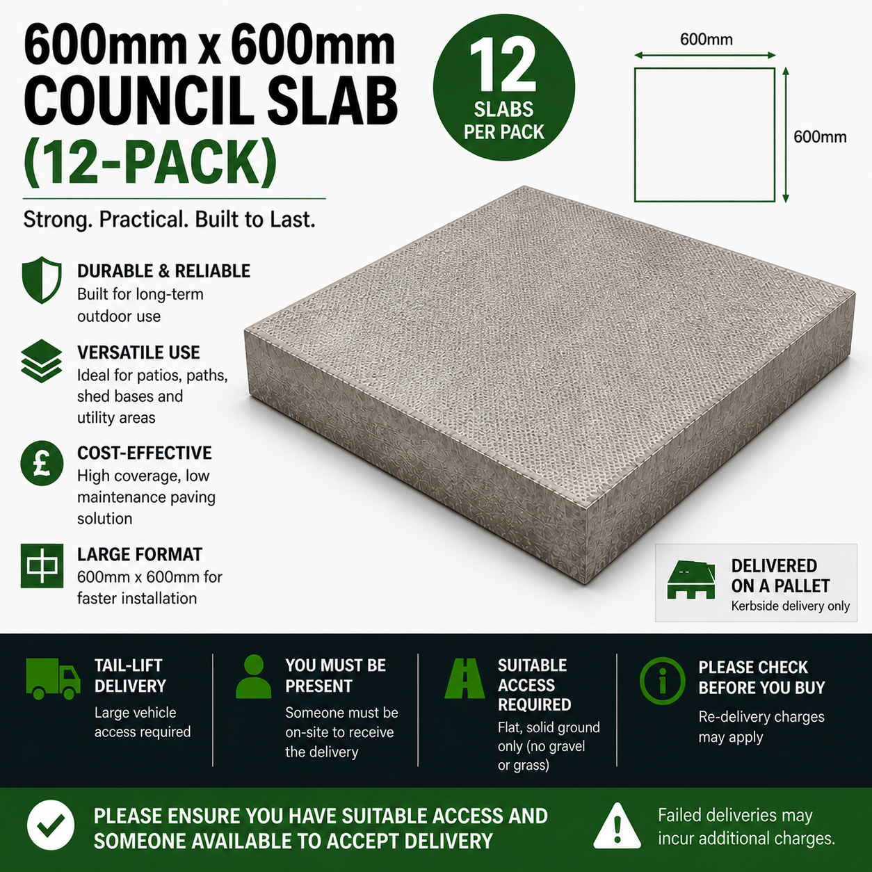 600mm x 600mm Council Slab (12-Pack) – Durable Utility Concrete Paving Slabs for Patios, Paths & Bases