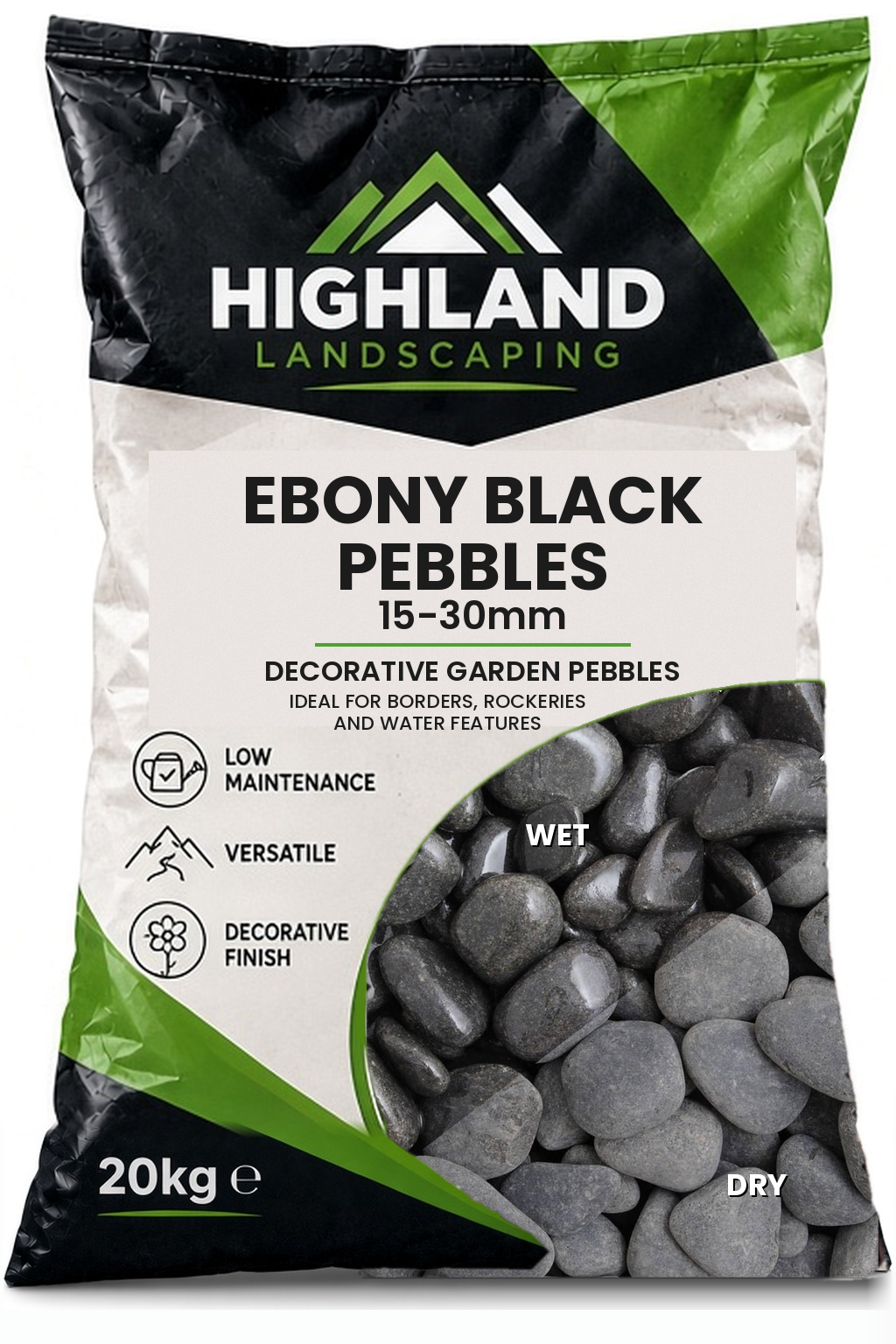 HL Ebony Black Pebbles 15-30mm 20kg
